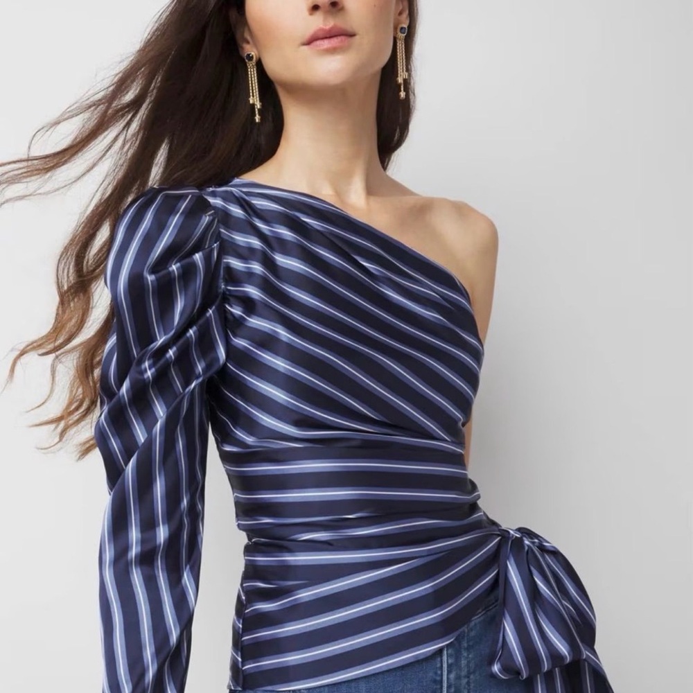 White House Black Market Navy Striped One-Shoulder Blouse